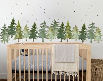 Woodland nursery theme kids room Wall Decal Fabric Pine tree art Mural Nursery decal Forest Animal Decals Pine trees stickers Baby decor