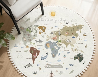 World Map Play Rug: Round Nursery Decor with Pom Pom Trim