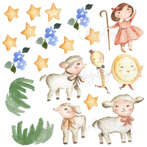 May include: Watercolor illustration of a girl with a shepherd's crook, a sun with a face, and four lambs. The illustration is set against a white background with blue flowers, green leaves, and yellow stars.