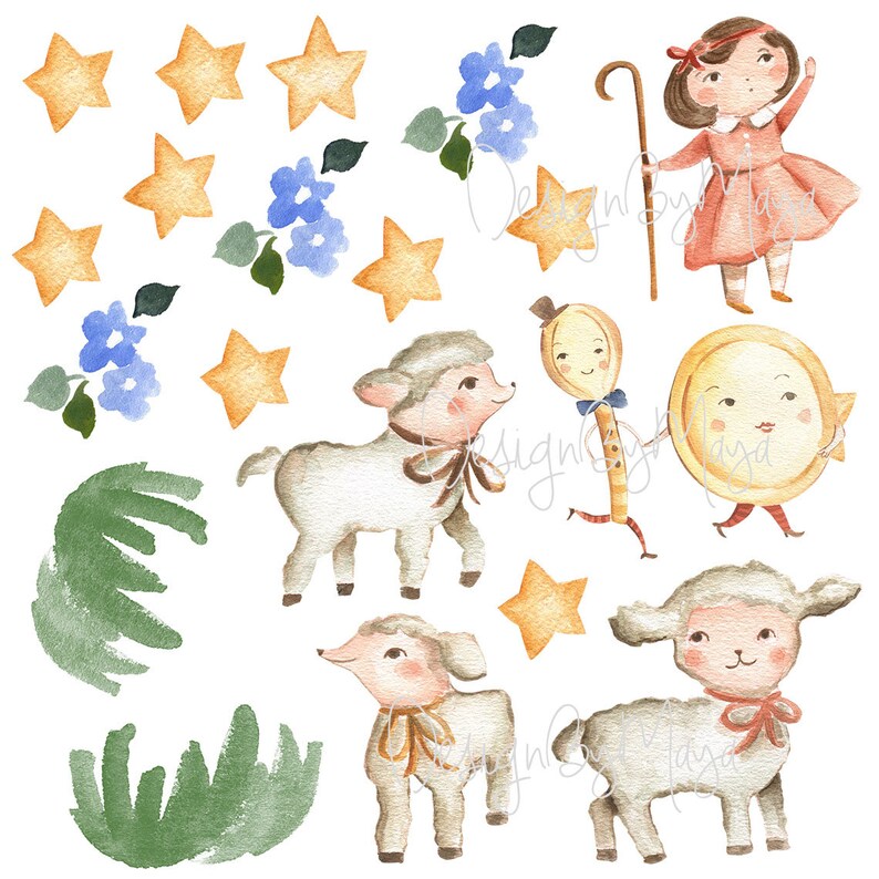May include: Watercolor illustration of a girl with a shepherd's crook, a sun with a face, and four lambs. The illustration is set against a white background with blue flowers, green leaves, and yellow stars.