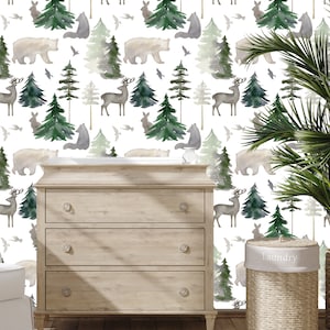 Carta da parati per bambini Woodland, carta da parati per bambini Forest Nursery, carta da parati Farmhouse Baby Room Watercolor Nursery, carta da parati Decor Cling, carta da parati Forest