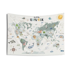 Kids room Tapestry World Map, Nursery decor, Kids room decor, Kids Room tapestry, Printed tapestry, Playroom wall art, World Map Animals World map #4