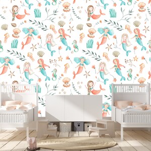 Mermaids baby girl wallpaper, Under the sea Girl room, Sea Girl room, Ocean Nursery, Mermaid Wallpaper, Mint and coral, Shells, Seahorse art
