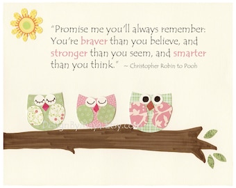 Baby Girl Nursery Decor, Nursery Wall Art, Children Art, Owl Decor - Promise Me You'll Always Remember: You're Braver Than You Believe