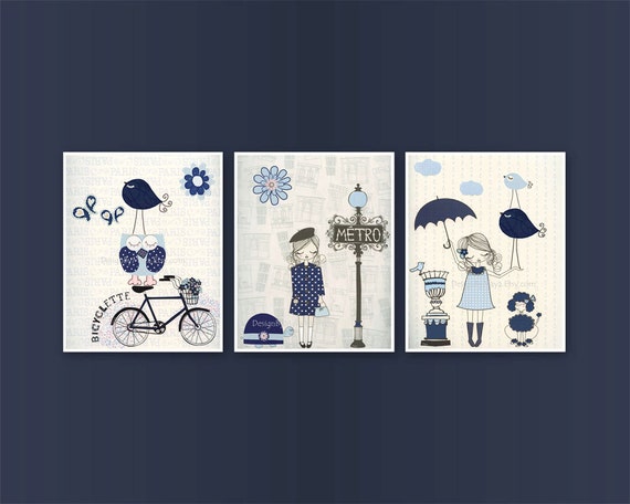 Nursery Decor Baby Room Decor Baby Girl Nursery Wall Paris Metro Shabby Chic Vintage Style Nursery Navy Light Blue Bike Bicycle Little Girl