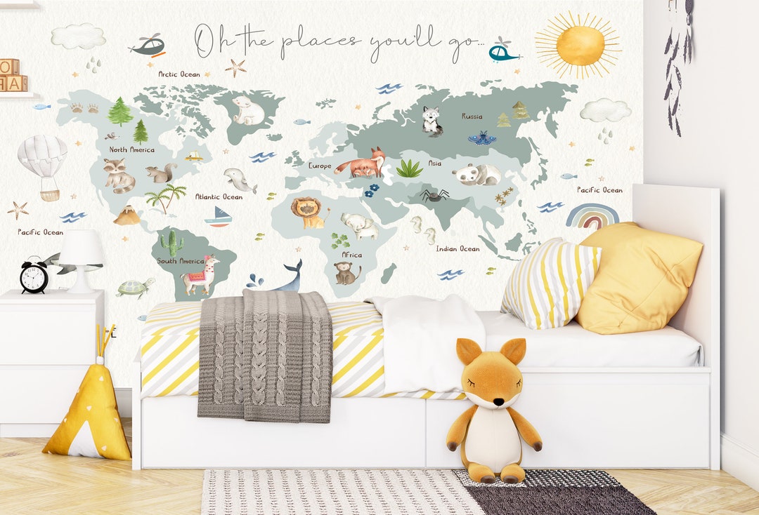 Animals World Map Wallpaper, Nursery Decor, Peel and Stick Wallpaper