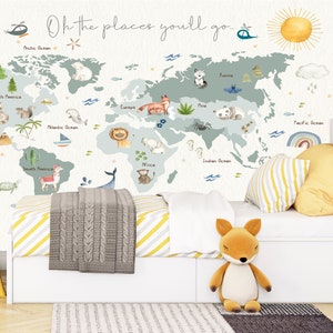 Dieren Wereldkaart behang, decor kinderkamer, Peel-and-Stick-behang, wereldkaartbehang kinderen, landen wereldkaart kinderwereldkaartbehang