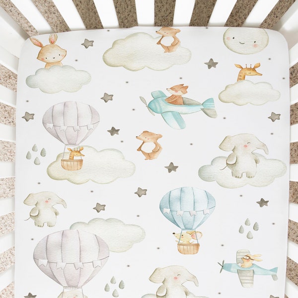 Hot air balloon Crib Sheet Minky Jersey bedding Personalized Sky Nursery Baby Elephant Bear Bunny Cute baby bedding Balloons nursery theme