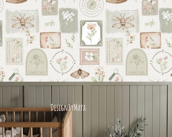 Flower Butterfly Wallpaper: Vintage Farmhouse Nursery Decor Mural