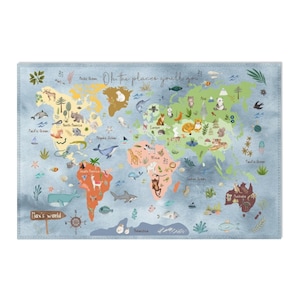 Weltkarte Teppich, Spielteppich, Spielteppich, Kinderteppich, Gemusterter Teppich, Kinderteppich, Spielzimmer Teppich, Gemustert, Weltkarte Dekor