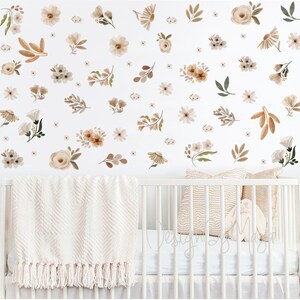 Muurstickers bohobloemen, stickers aardetinten en groene bladeren, botanisch decor, sticker groen blad muursticker Scandinavische boho-kinderen