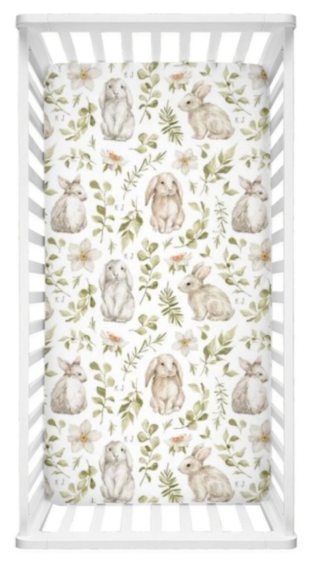Bunny Crib Sheet, Baby Girl Bunnies Bedding Flower Nursery Baby Foliage