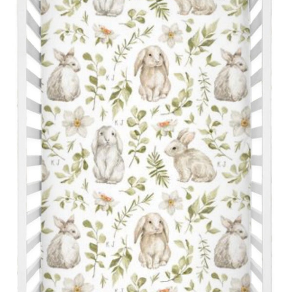 Bunny Crib Sheet, Baby girl bunnies bedding Flower nursery Baby Foliage Baby Green Cute baby bedding Bunny and green leaves bedding