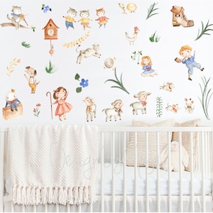 May include: A set of watercolor nursery wall decals featuring a variety of cute animals, including a cat playing a violin, a cow jumping, a sheep, a dog, and a little girl holding a shepherd's crook. The decals also include a clock, a boot, a bird, and some flowers.