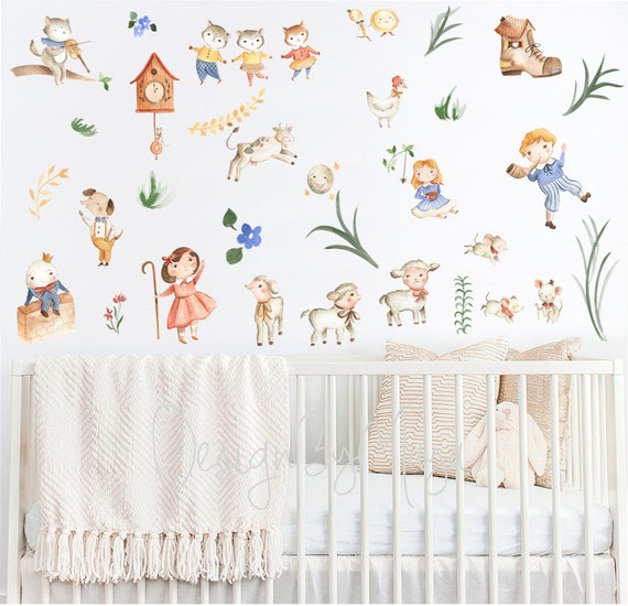 Watercolor Mother Goose Fabric Wall Decals: Nursery Rhymes Decor