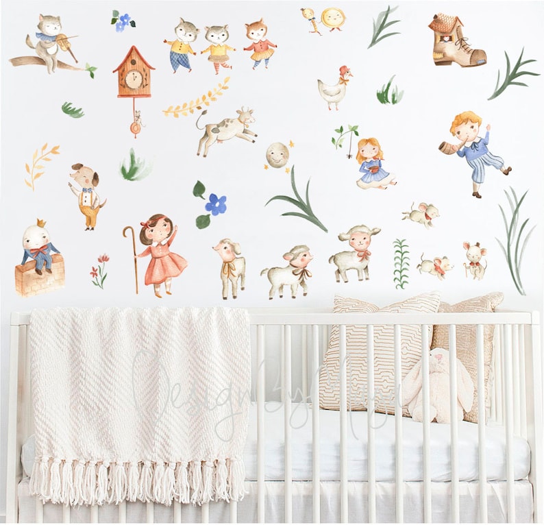 May include: A set of watercolor nursery wall decals featuring a variety of cute animals, including a cat playing a violin, a cow jumping, a sheep, a dog, and a little girl holding a shepherd's crook. The decals also include a clock, a boot, a bird, and some flowers.