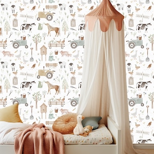 Carta da parati con animali da fattoria, carta da parati vintage per cameretta dei bambini in stile boho, carta da parati con acquerello per cameretta dei bambini in stile fattoria, carta da parati decorativa per cameretta dei bambini