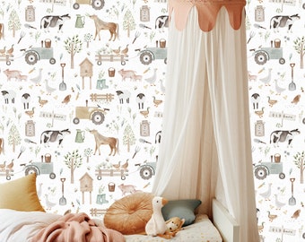 Farm animals wallpaper, Boho style Vintage Nursery wallpaper, Farmhouse Baby Room Watercolor Nursery wallpaper Decor mural Cling for Baby