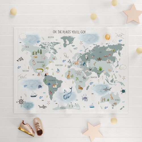 Couverture pour chambre de bébé carte du monde : bébés animaux, thème explorateur