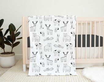 Black and White baby blanket, Safari Baby Zoo blanket Safari blanket Sherpa Fleece blanket Jungle bedding Moose Deer Bear Nursery bedding