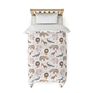 Safari animals duvet, woodland theme bedding, Africa Duvet, Pine trees comforter, Fox, Deer, Raccoon, Fawn, Bear, Bunny, Hedgehog bedding