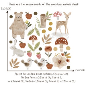 K&ouml;nnte beinhalten: Ein digitales Illustrationsblatt mit Waldtieren, Pilzen, Bl&auml;ttern und Punkten. Das Blatt enth&auml;lt einen B&auml;ren, ein Reh, ein Kaninchen, V&ouml;gel und verschiedene Pflanzen. Der Text auf dem Blatt lautet "These are the measurements of the woodland animals sheet: 12'/24'/36'" und "You get the woodland animals, mushrooms, Foliage and dots. The Bear For ex is 5.5"ish tall (S); 11'ish tall (L) or 16.5"ish tall (XL). The Bird is 2.5"ish tall (S); 5"ish tall (L) or 7.5"ish tall (XL)" und "12'/24'/36'"