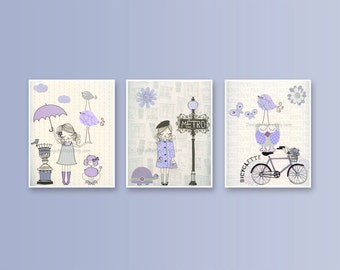 Nursery wall art print, Baby room decor, Baby girl, Paris Metro, set 3 prints shabby chic, vintage style nursery, lilac, lavender and gray