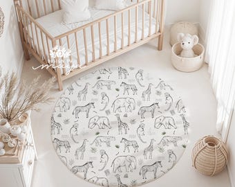 Safari Animals Round Rug: Whimsical Nursery Decor, Many sizes available