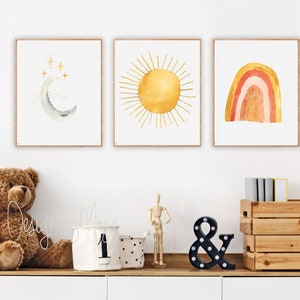 Modern nursery, moon sun Rainbow wall art, Bohemian decor, Nursery Decor, House wall Prints, Kids wall art, Boho nursery, Minimal design art