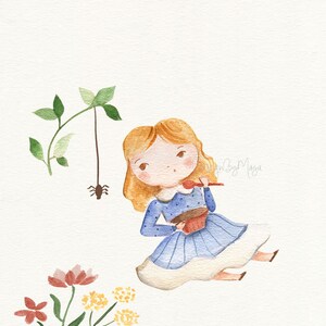 May include: A watercolor illustration of a girl with blonde hair sitting on the ground, eating from a bowl with a spoon. She is wearing a blue dress with white polka dots. There are green leaves and a spider on a vine above her, and red and yellow flowers below her.