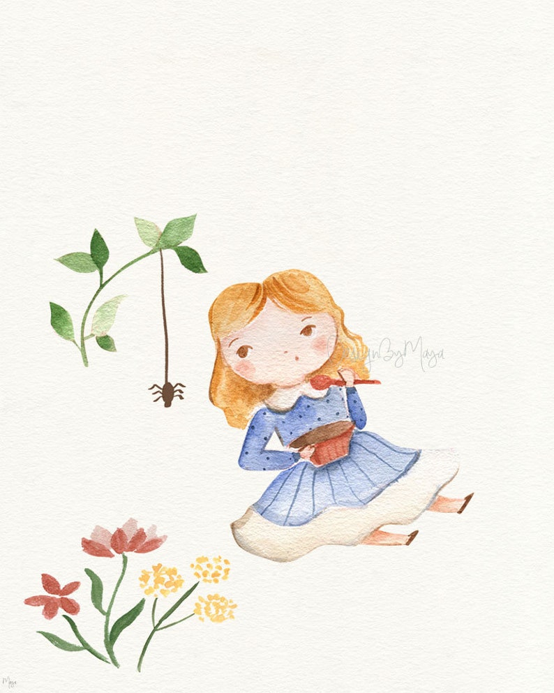 May include: A watercolor illustration of a girl with blonde hair sitting on the ground, eating from a bowl with a spoon. She is wearing a blue dress with white polka dots. There are green leaves and a spider on a vine above her, and red and yellow flowers below her.