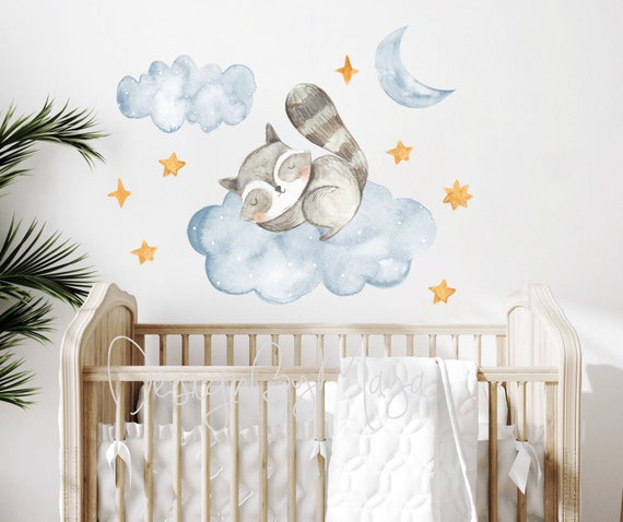 Sleeping Raccoon Above Crib Decal Watercolor Sky Nursery Etsy Hong Kong