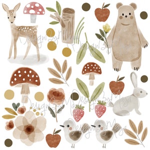 K&ouml;nnte beinhalten: Eine Aquarell-Illustration mit verschiedenen Waldtieren und Pflanzen. Die Illustration zeigt ein Reh, einen B&auml;ren, ein Kaninchen, Pilze, &Auml;pfel, V&ouml;gel und Blumen. Die Farben sind weich und ged&auml;mpft, in Braun-, Gr&uuml;n- und Rott&ouml;nen.