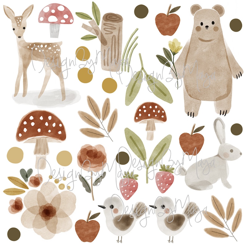 K&ouml;nnte beinhalten: Eine Aquarell-Illustration mit verschiedenen Waldtieren und Pflanzen. Die Illustration zeigt ein Reh, einen B&auml;ren, ein Kaninchen, Pilze, &Auml;pfel, V&ouml;gel und Blumen. Die Farben sind weich und ged&auml;mpft, in Braun-, Gr&uuml;n- und Rott&ouml;nen.