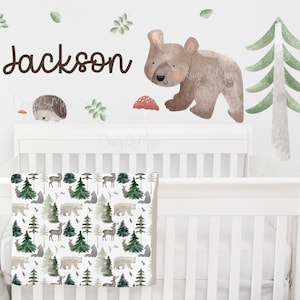 Woodland kids room Wall Decals, Fabric Wall Decal Room Mural Nursery decal Forest Animal Decals Pine trees stickers Baby and kids decor