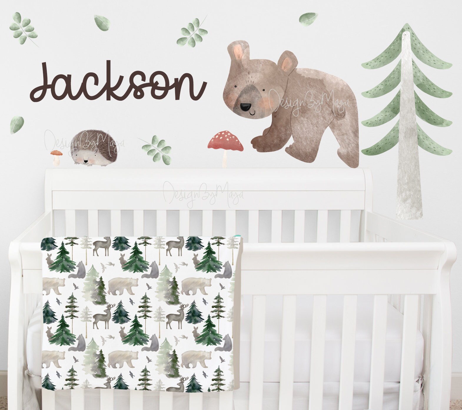 Woodland kids room Wall Decals, Fabric Wall Decal Room Mural Nursery decal Forest Animal Decals Pine trees stickers Baby and kids decor