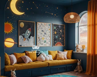 Space Nursery Decor, Solar System Prints: Sun, Moon, Stars Kids Wall Art Print