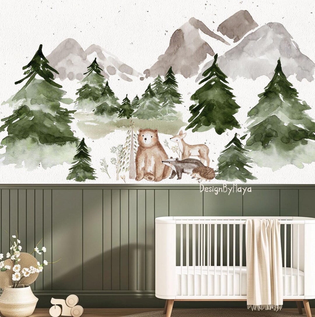 Woodland Nursery Fabric Wall Decal: Forest Animals & Pine Trees - Etsy