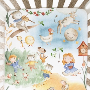 Watercolor Nursery Rhymes crib Sheet Minky Jersey bedding Personalized Nursery Baby Cute bedding Mother goose Humpty Dumpty Cow over Moon