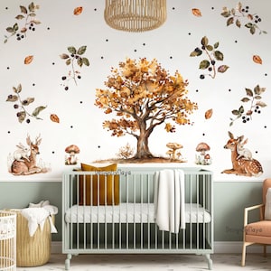 Giant tree with woodland animals wall sticker, Woodland mural, woodland wall sticker, Kids room decor, Forest Nursery art, Baby forest decal