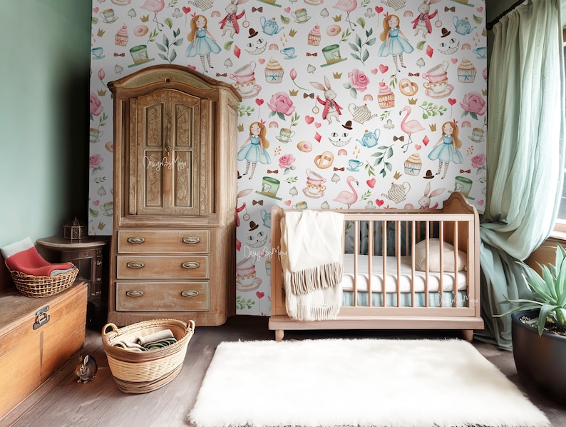 Alice in Wonderland Wallpaper, Vintage Nursery Mural, Peel and Stick - Etsy