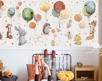 Animal Balloon Nursery Wall Decal, Fly Balloons Animals, Playroom Decor