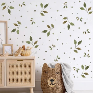 Green leaves decals, Foliage wall stickers, Botanical decor Green Leaf Wall Decal Modern Decal leaves clings Scandinavian art Woodland Decal
