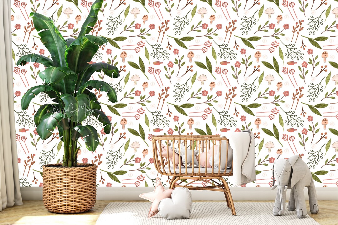 Botanical Nursery Wallpaper: Boho Mushroom Decor, Baby Room Mural - Etsy