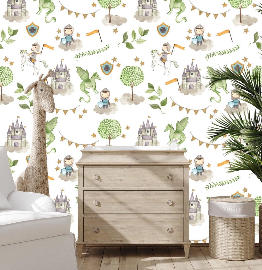 Knight and Dragon Wall Paper, Boy Room Wallpaper, Castle Wallpaper