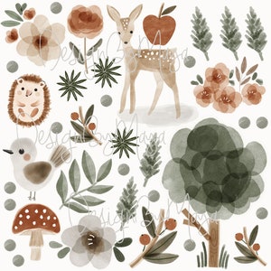 K&ouml;nnte beinhalten: Aquarell-Illustration einer Waldszene mit einem Reh, einem Igel, einem Vogel, einem Pilz, Blumen und B&auml;umen. Die Farben sind ged&auml;mpft und erdig, mit Braun-, Gr&uuml;n- und Wei&szlig;t&ouml;nen.