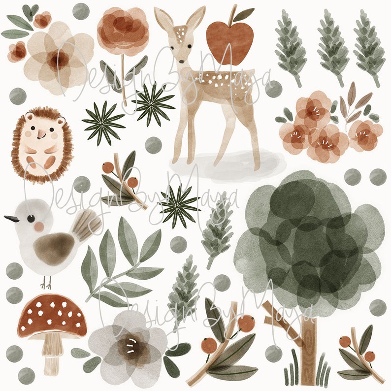 K&ouml;nnte beinhalten: Aquarell-Illustration einer Waldszene mit einem Reh, einem Igel, einem Vogel, einem Pilz, Blumen und B&auml;umen. Die Farben sind ged&auml;mpft und erdig, mit Braun-, Gr&uuml;n- und Wei&szlig;t&ouml;nen.