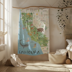 Tapisserie de carte de la Californie, tapisserie de chambre d'enfants, carte du monde, décoration de chambre d'enfant, décoration de chambre d'enfants, tapisserie imprimée de chambre d'enfants, salle de jeux d'animaux de carte du monde