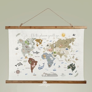 May include: A world map print with a wooden frame and hanging string. The map features illustrations of animals and landmarks, with the text "Oh the places you'll go." The color palette includes beige, brown, and muted tones.