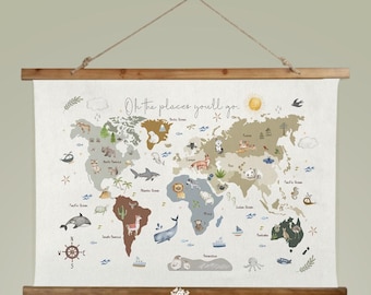 World Map Tapestry with Wooden Hanger: Kids Nursery Decor